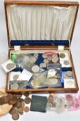 AN OLD WORKBOX CONTAINING UK COINAGE, to include a boxed 1951 Festival of Britain crown coin, Five-