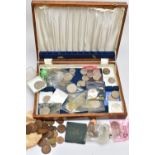 AN OLD WORKBOX CONTAINING UK COINAGE, to include a boxed 1951 Festival of Britain crown coin, Five-