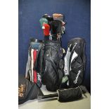 GOLFING EQUIPMENT to include three empty golf bags, a Ping, two Taylor made and a Wilson Staff