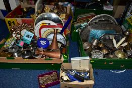 FIVE BOXES OF METALWARE, including pewter tankards, rose bowls, silver plate trays, candle sticks,