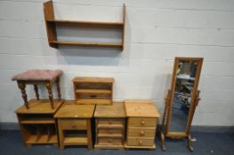 A SELECTION OF PINE OCCASIONAL FURNITURE, to include a cheval mirror, height 138cm, two various