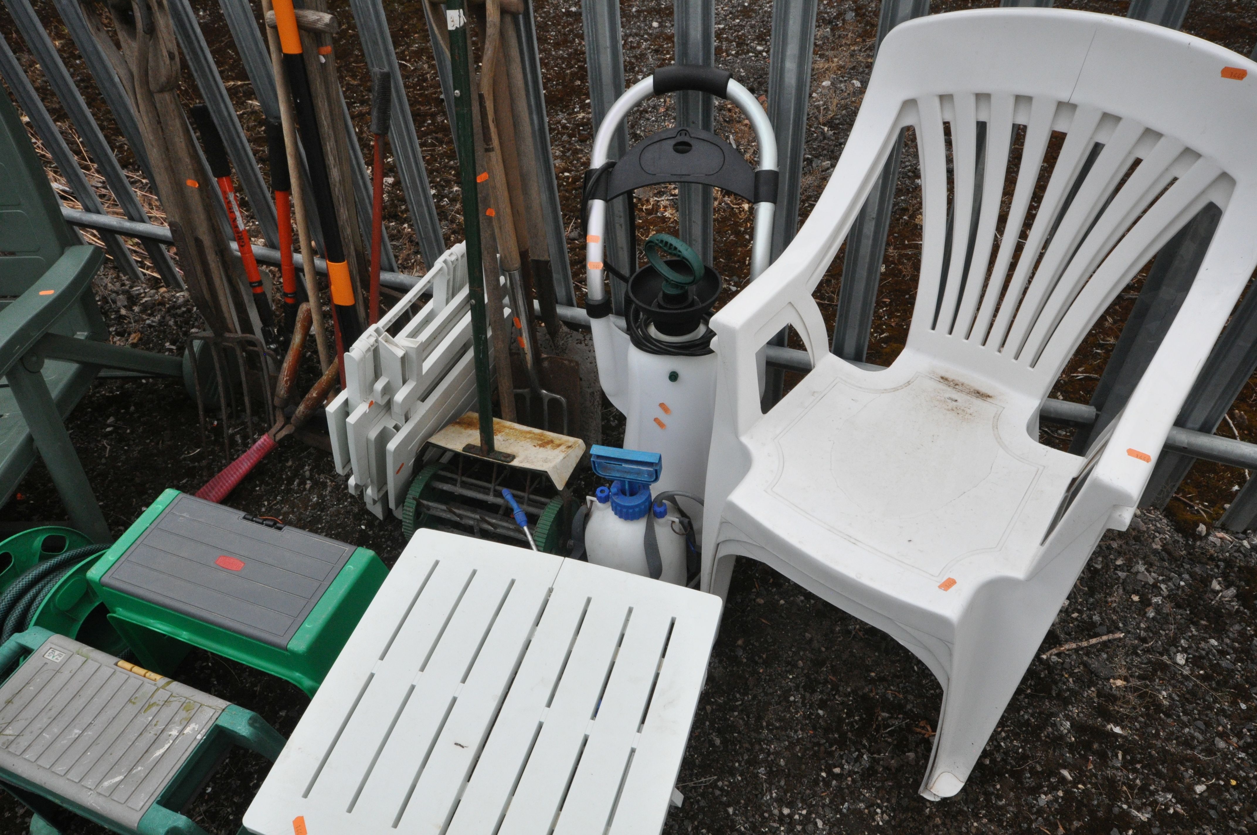A GREEN PLASTIC GARDEN SUN LOUNGER, two white plastic garden armchairs, three folding tables, - Image 3 of 3