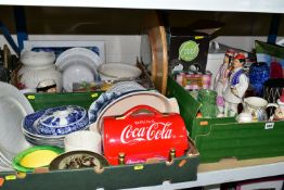 THREE BOXES AND LOOSE OF CERAMICS, KITCHEN AND HOUSEHOLD ITEMS, ETC, including a Le Creuset blue