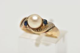 A 9CT GOLD CULTURED PEARL AND SAPPHIRE DRESS RING, the cultured pearl, with asymmetric set