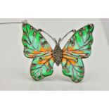 A WHITE METAL PLIQUE A JOUR BUTTERFLY BROOCH, the butterfly set with a marcasite body, enamelled