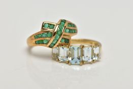 TWO 9CT GOLD GEM SET RINGS, the first a yellow gold ring, prong set with five emerald cut aquamarine