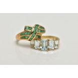 TWO 9CT GOLD GEM SET RINGS, the first a yellow gold ring, prong set with five emerald cut aquamarine