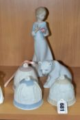 FOUR PIECES OF LLADRO PORCELAIN AND A NAO FIGURE OF A GIRL, the Lladro comprising three Christmas