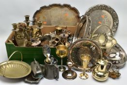 A BOX OF ASSORTED WHITE METAL WARE, to include a large silver plated oval wavy rim tray fitted