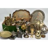 A BOX OF ASSORTED WHITE METAL WARE, to include a large silver plated oval wavy rim tray fitted