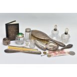 A BOX OF ASSORTED SILVER ITEMS, to include a ‘Sampson Mordan & Co’ silver dish, hallmarked London