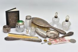 A BOX OF ASSORTED SILVER ITEMS, to include a ‘Sampson Mordan & Co’ silver dish, hallmarked London