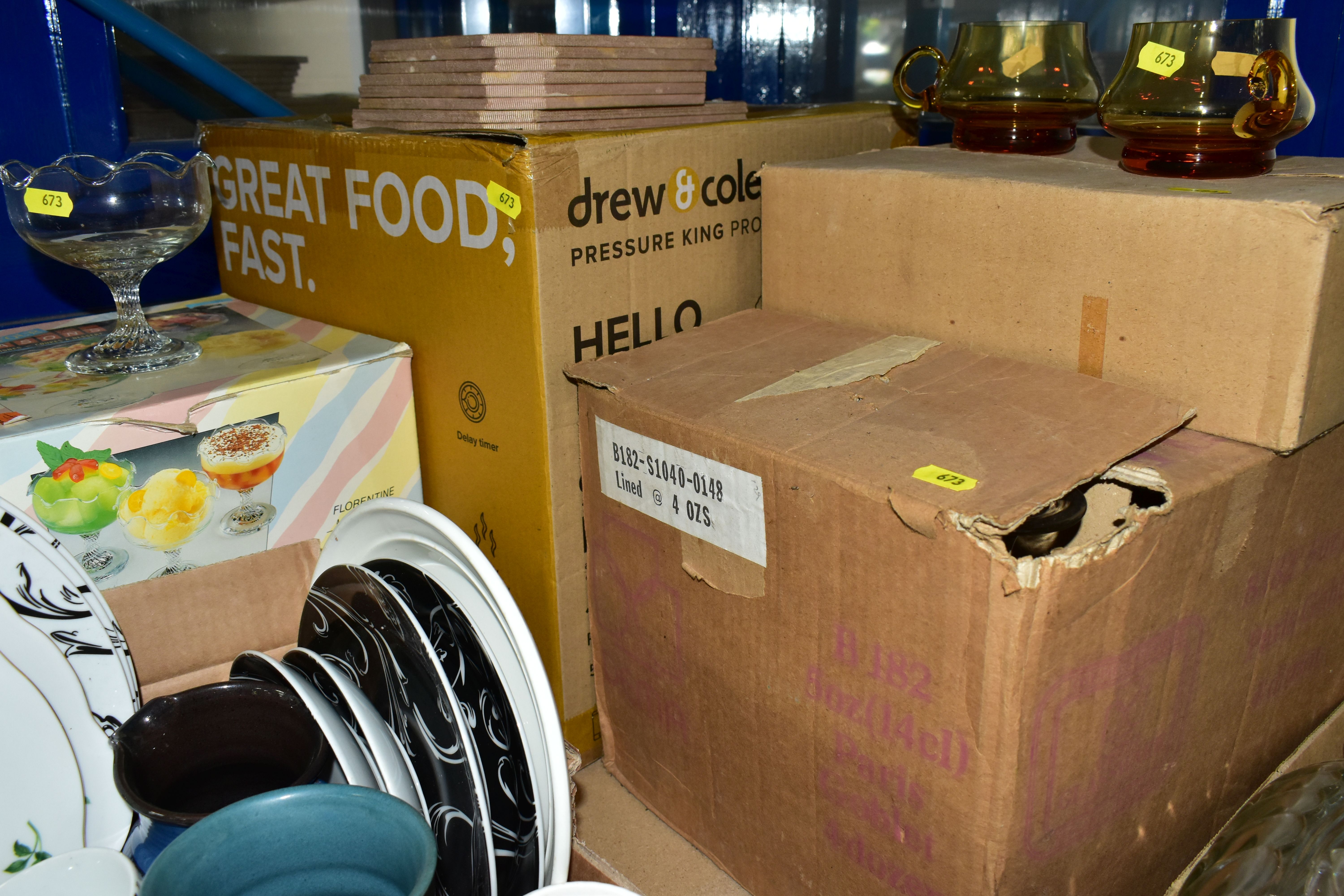 FOUR BOXES OF CERAMICS AND GLASSWARE, BOXED GLASSWARE AND KITCHEN APPLIANCES, ETC including a Drew & - Image 8 of 8