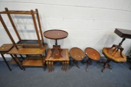 A SELECTION OF VARIOUS OCCASIONAL FURNITURE, to include two yew wood tripod tables, a mahogany