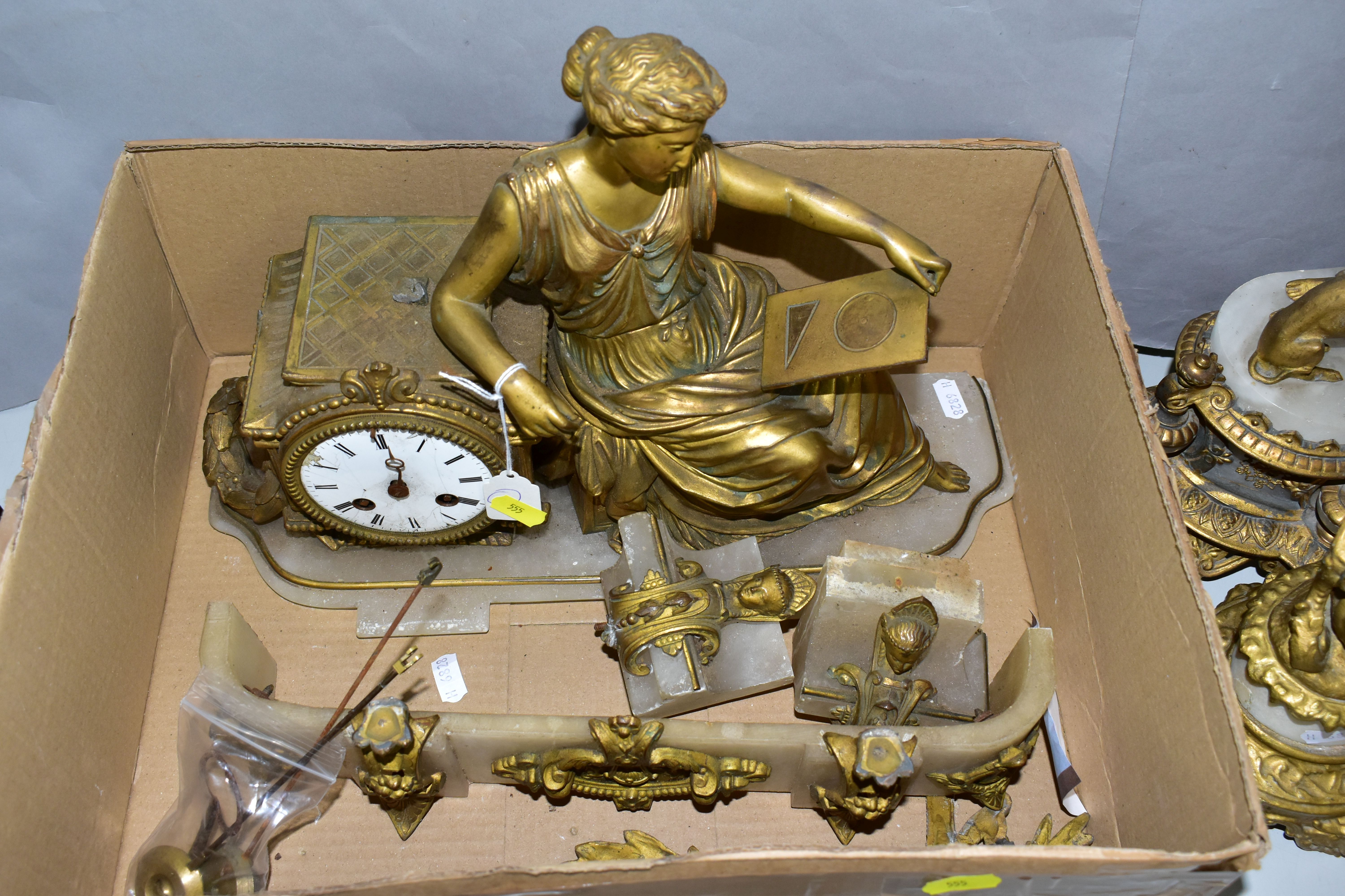 TWO FRENCH STYLE SPELTER AND ALABASTER MANTEL CLOCKS, the first depicts a female figure and dog on a - Image 4 of 5