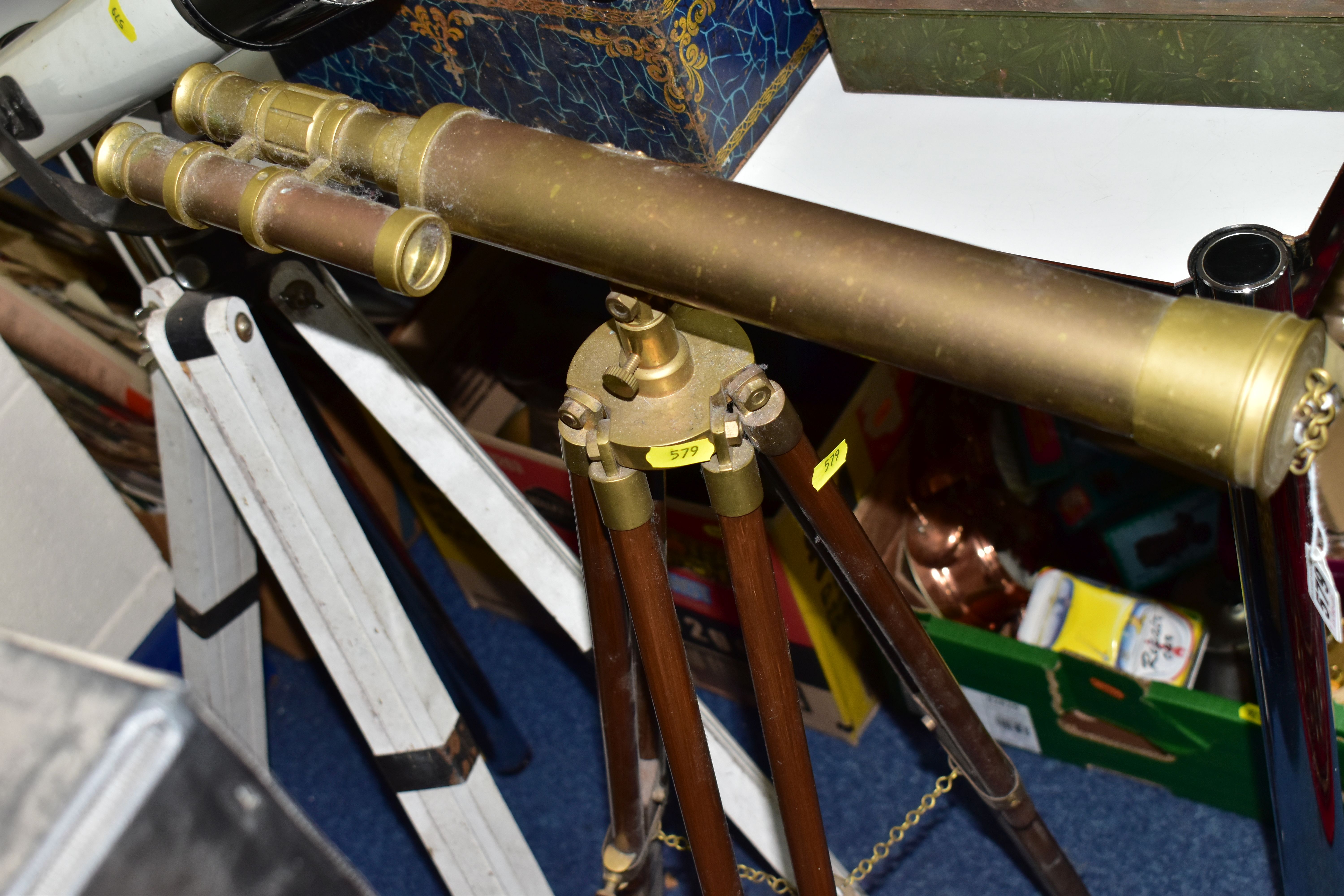 TWO VINTAGE TELESCOPES, both on wooden stands, one is brass with brass fittings (dusty, chipped