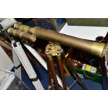 TWO VINTAGE TELESCOPES, both on wooden stands, one is brass with brass fittings (dusty, chipped