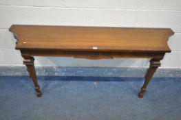 A REPRODUCTION MAHOGANY SIDE TABLE, width 153cm x depth 39cm x height 67cm