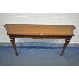 A REPRODUCTION MAHOGANY SIDE TABLE, width 153cm x depth 39cm x height 67cm