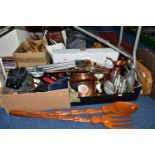 THREE BOXES, A WICKER BASKET AND LOOSE SUNDRY ITEMS ETC, to include a copper kettle, jug and basket,