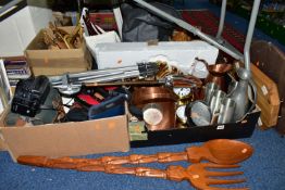 THREE BOXES, A WICKER BASKET AND LOOSE SUNDRY ITEMS ETC, to include a copper kettle, jug and basket,