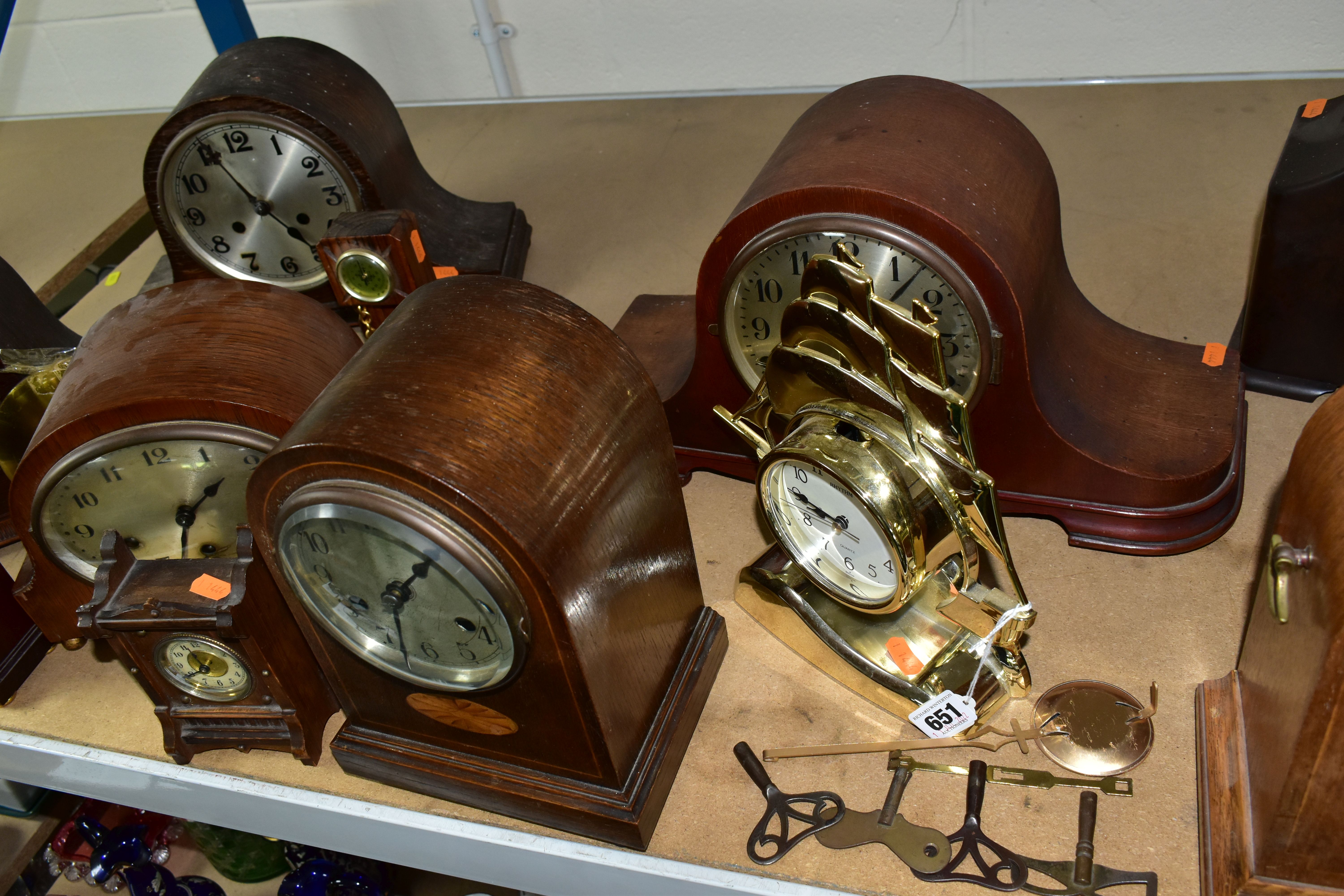 A QUANTITY OF CLOCKS AND TWO BAROMETERS, comprising two dome shaped clocks with Marquetry, height of - Image 5 of 6