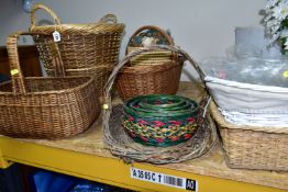 ELEVEN BASKETS AND A QUANTITY OF HABERDASHERY ITEMS, to include a wicker hamper height excluding