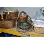 ELEVEN BASKETS AND A QUANTITY OF HABERDASHERY ITEMS, to include a wicker hamper height excluding