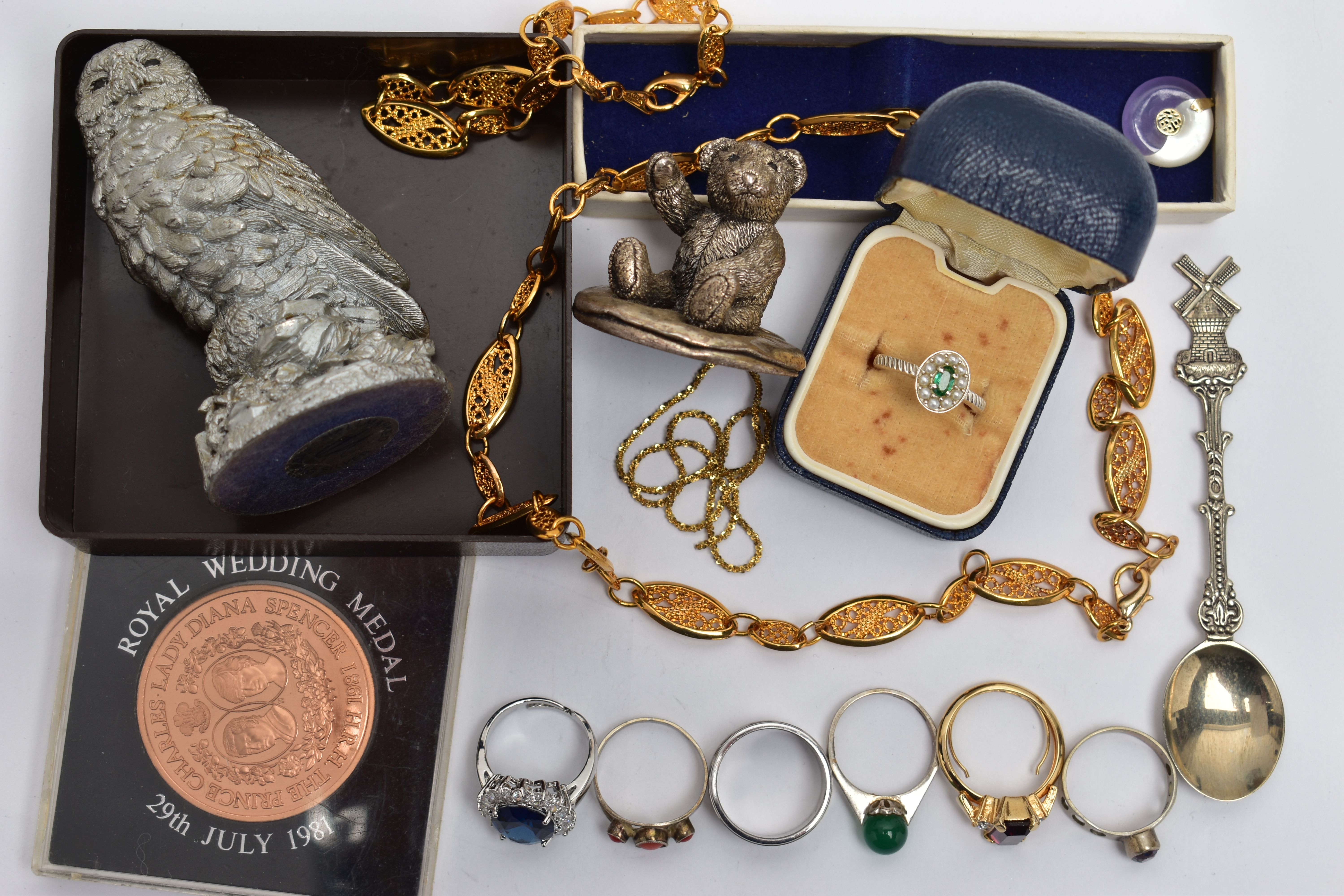 A BAG OF ASSORTED ITEMS, to include a silver filled owl figurine, hallmarked Birmingham and