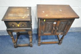 A SMALL REPRODUX OAK TWO DOOR CABINET, width 51cm x depth 33cm x height 69cm, and a cabinet with a