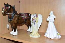 A BESWICK SHIRE HORSE AND TWO FIGURINES, comprising Beswick Burnham Beauty 2309, in brown gloss