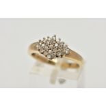 A 9CT GOLD CLUSTER RING, the cluster of a marquise design set with colourless circular cut, cubic