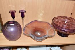 FIVE PIECES OF AMETHYST STUDIO GLASS, comprising a Stephen Foster matt bulbous vase, with