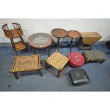 A SELECTION OF OCCASIONAL FURNITURE, to include a circular blind fretwork occasional table, a drinks