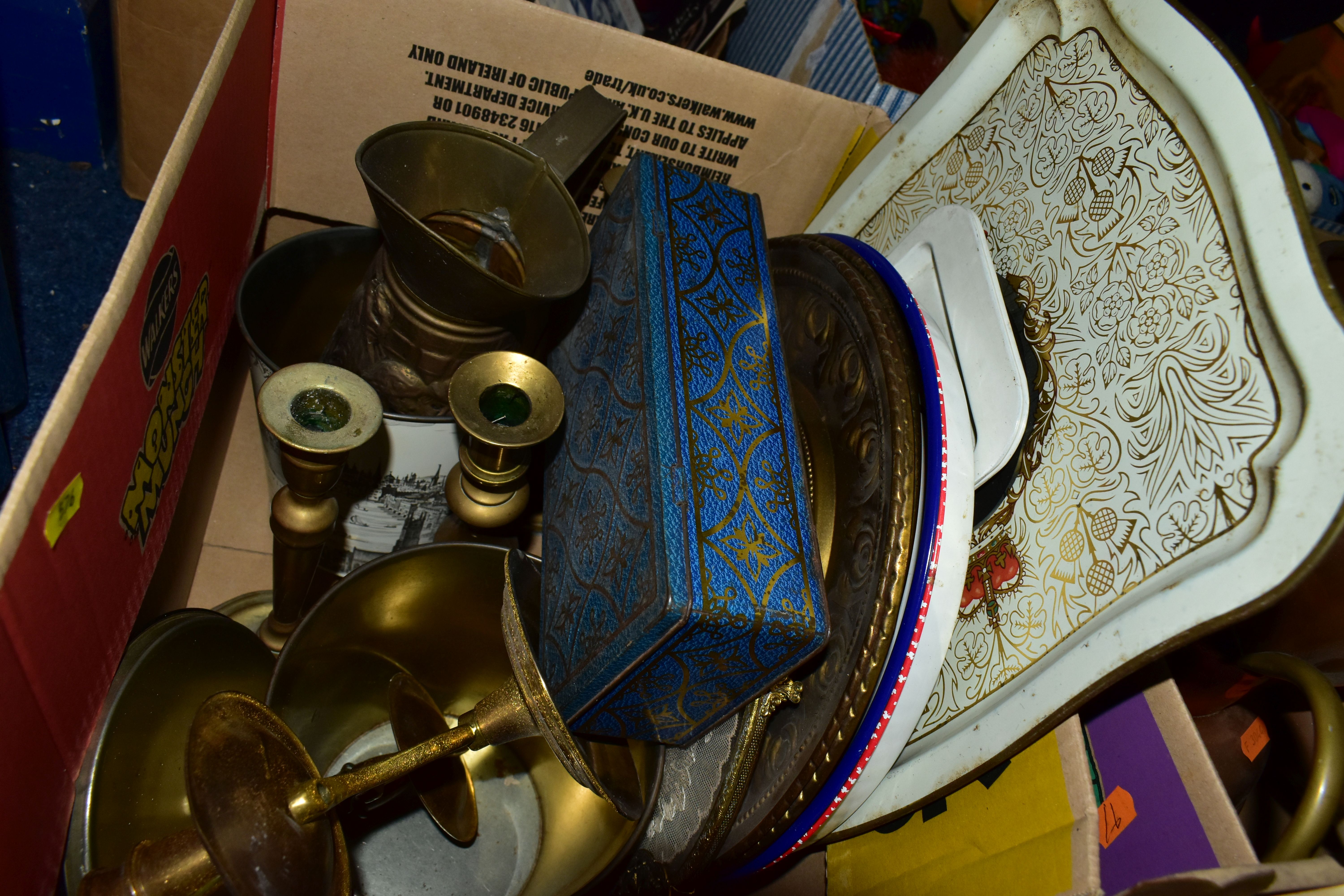 FIVE BOXES OF METALWARE, including pewter tankards, rose bowls, silver plate trays, candle sticks, - Image 6 of 7