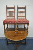 AN OAK BARLEY TWIST GATE LEG TABLE, open length 134cm x closed length 47cm x depth 105cm x height