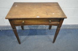 AN EARLY 20TH CENTURY OAK SIDE TABLE, with a single frieze drawer, on square tapering legs, length