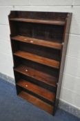 A SLIM MAHOGANY WATERFALL OPEN BOOKCASE, width 67cm x depth 16cm x height 125cm