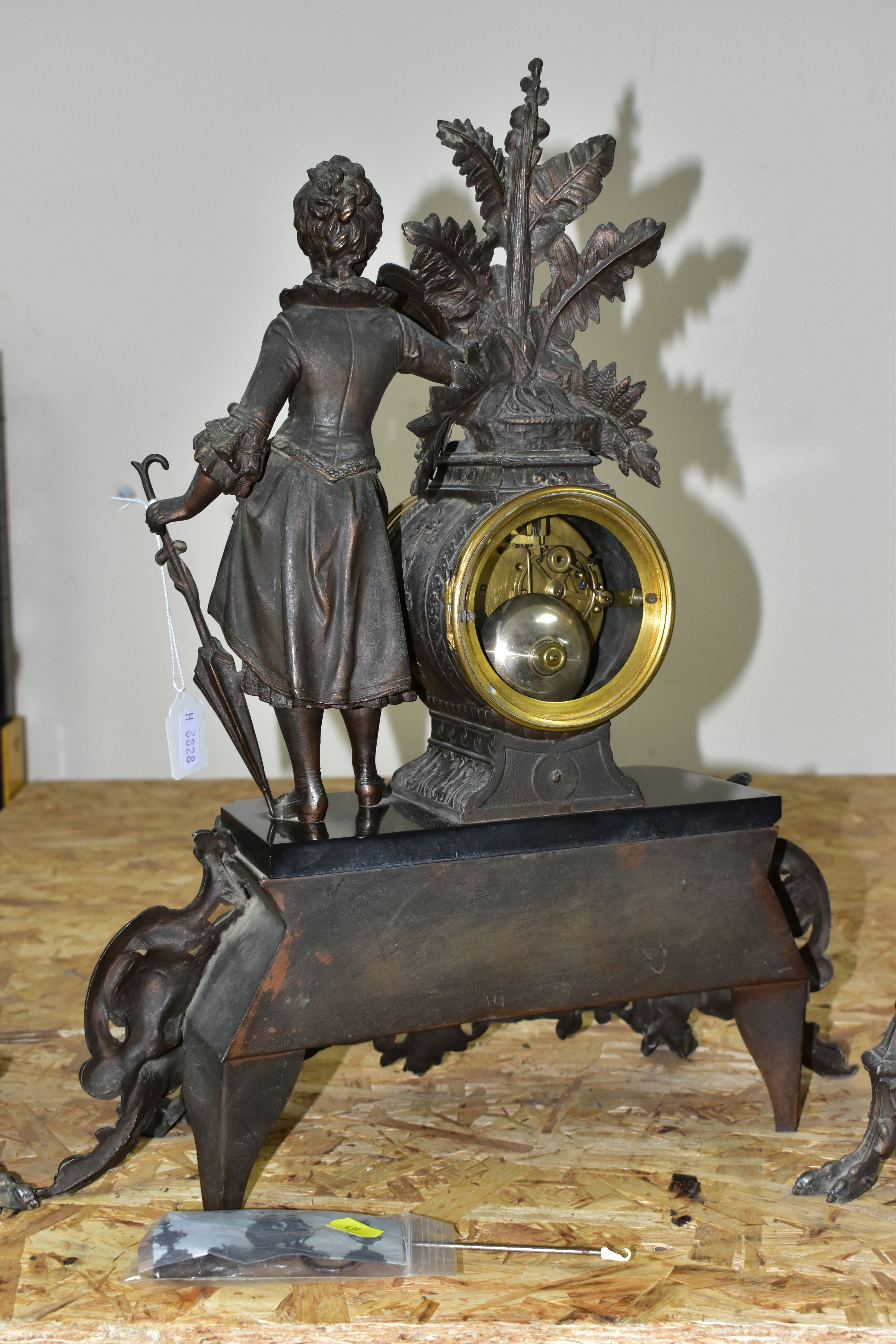 A CLOCK GARNITURE WITH GILT SLATE PANELS, the dial having gilt Roman numeral hour markers and worn - Image 6 of 7