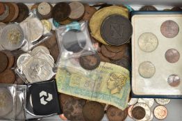 A SHOEBOX OF MIXED COINAGE, to include an 1822 George IV penny coin etc