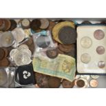 A SHOEBOX OF MIXED COINAGE, to include an 1822 George IV penny coin etc