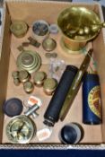 A BOX CONTAINING A BRASS PESTLE AND MORTAR AND ASSORTED BRASS WEIGHTS ETC, together with a Falcon