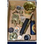 A BOX CONTAINING A BRASS PESTLE AND MORTAR AND ASSORTED BRASS WEIGHTS ETC, together with a Falcon