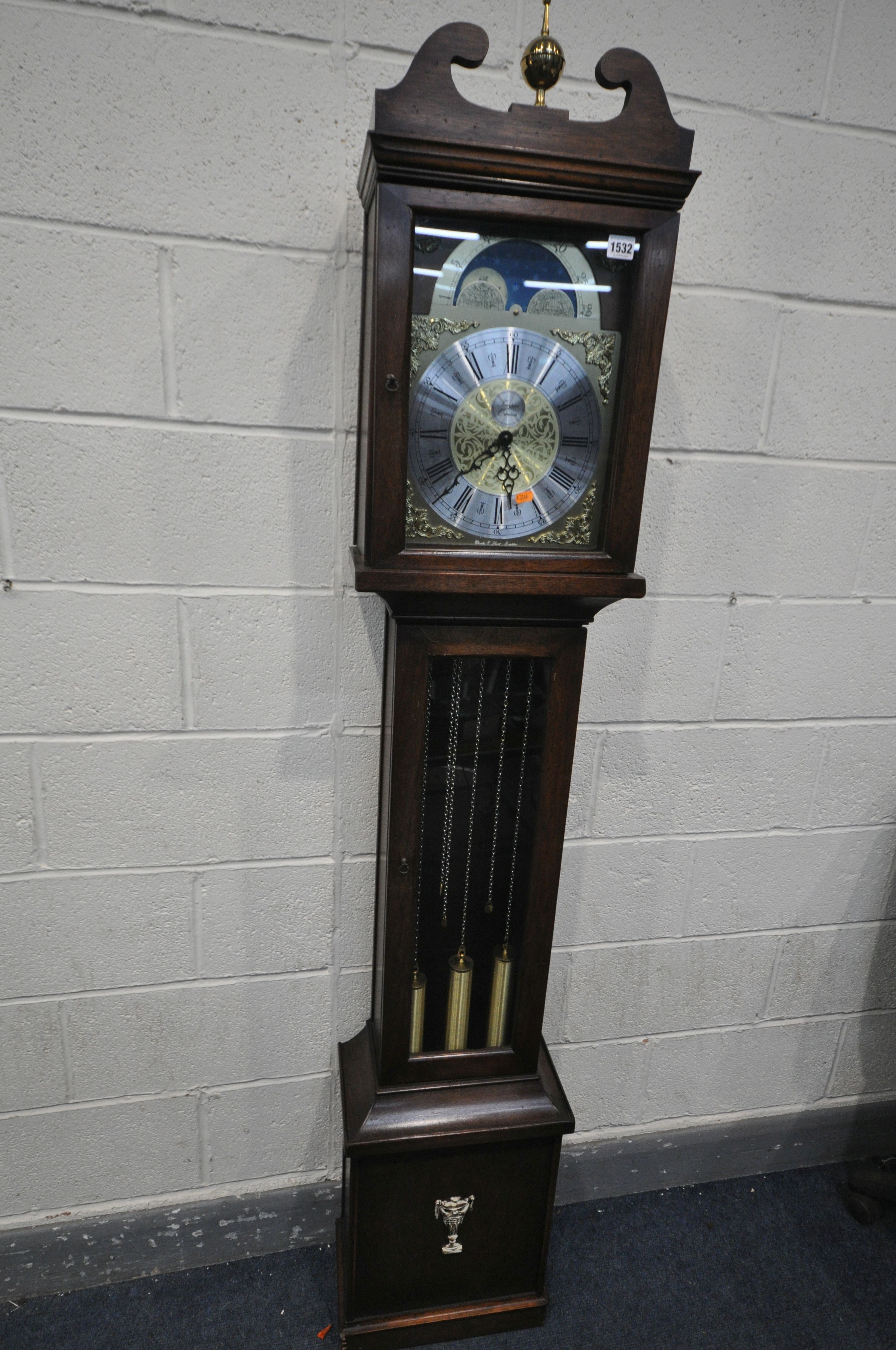 A MODERN MAHOGANY TEMPUS OMNIA LONG CASE CLOCK, brushed steel dial with roman numerals, brass face