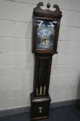 A MODERN MAHOGANY TEMPUS OMNIA LONG CASE CLOCK, brushed steel dial with roman numerals, brass face