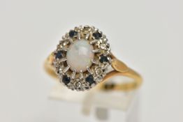 AN 18CT GOLD, OPAL, SAPPHIRE AND DIAMOND CLUSTER RING, of an oval form centring on a twelve claw set