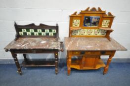 A EDWARDIAN SATINWOOD MARBLE TOP WASH STAND, with raised mirrored and tiled back, the base with