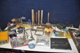 THREE TUBS OF VINTAGE TOOLS to include hammers, saws, micrometer, planes, hex keys, jigsaw blades,
