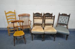 AN EDWARDIAN MAHOGANY PARLOUR CHAIR, four Edwardian chairs, an elm and beech Windsor chair, a
