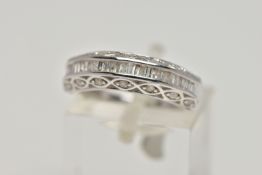 A 9CT WHITE GOLD DIAMOND HALF ETERNITY RING, designed with a central row of rectangular cut diamonds